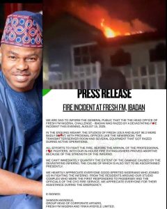 Fresh FM Confirms Fire Outbreak at Ibadan